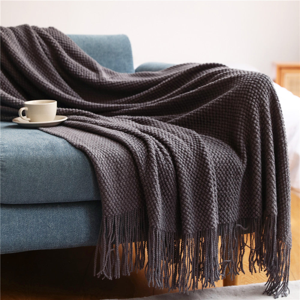 Knitted Sofa Blanket with Grid Pattern