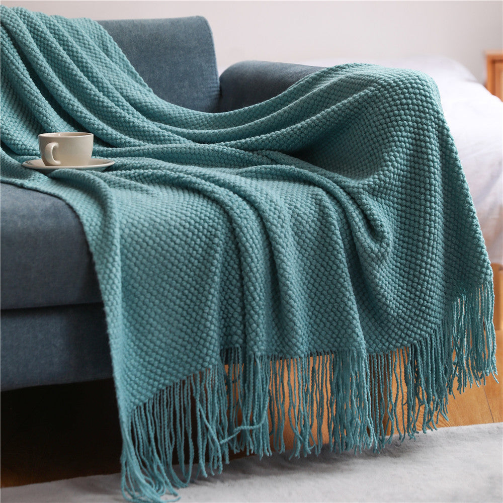 Knitted Sofa Blanket with Grid Pattern